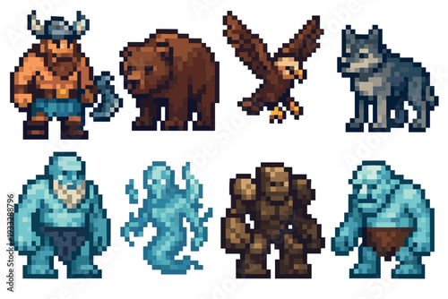 Pixel art fantasy character and monster set featuring a viking warrior, golem, troll, bear, wolf, and elemental for a retro video game design or asset pack