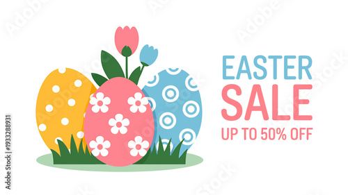 Easter sale advertisement with colorful eggs and flowers on white background