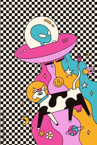 Psychedelic trippy space poster with alien in UFO abducting a weird cow. Surreal vibrant galaxy landscape with melting waves, planets and checkerboard texture. Groovy 70s retro vector illustration.