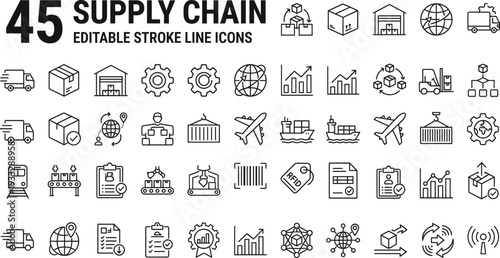Set of 45 supply chain and logistics line icons, editable stroke vector illustrations for shipping, warehouse, and distribution,