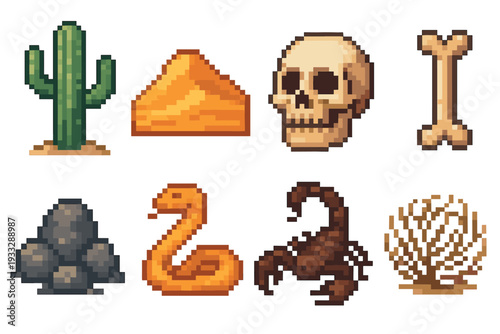 Pixel art desert icon set with a cactus, sand dune, skull, bone, rocks, snake, scorpion, and tumbleweed for a retro video game asset collection