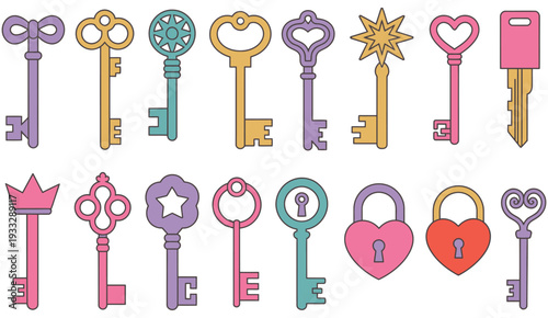 vintage decorative keys vector set with heart, crown, star and padlock shapes isolated, colorful ornate styles for antique design, steampunk projects, invitation embellishments and decorative illustra