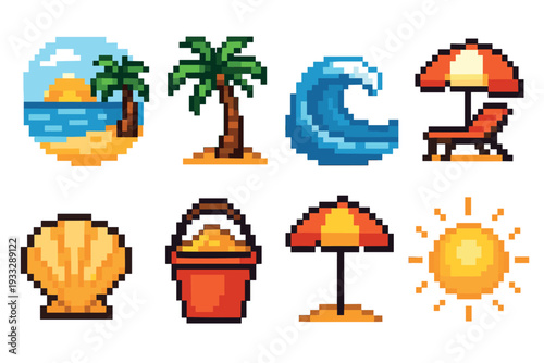 Pixel art summer vacation icon set featuring a beach scene, palm tree, ocean wave, sun, seashell, and umbrella in a retro 8-bit video game graphic style