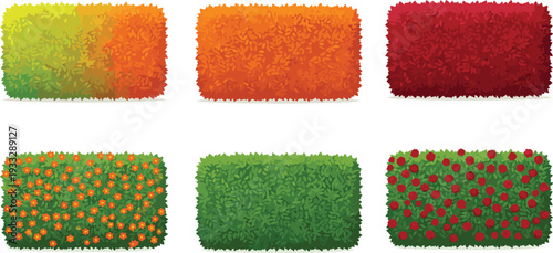 Set of rectangular garden hedge vectors featuring green bushes 