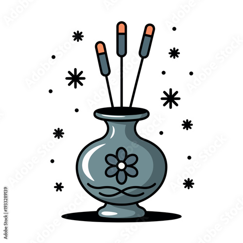 Ceramic incense burner with burning sticks emits sparkles for a calming spiritual.