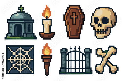 Pixel art graveyard icon set with a crypt, coffin, skull, bones, candle, torch, gate, and spiderweb for a retro video game design or Halloween theme