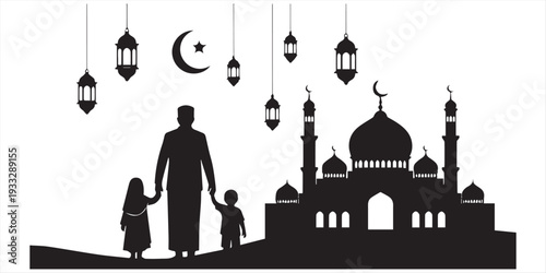 Silhouette Muslim man and woman making a supplication (salah)sitting on desert sand,Arab family and camel walking,Islamic mosque at night with crescent moon and star, Ramadan Kareem background,by ai