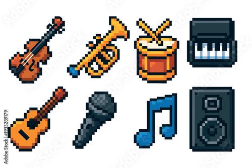 Set of pixel art musical icons featuring a violin, trumpet, drum, keyboard, guitar, microphone, speaker, and note, rendered in a classic 8-bit retro video game style