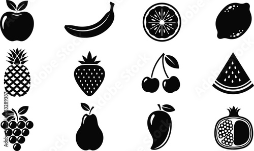 Collection of black fruit silhouette icons including apple, banana, orange, lemon, pineapple, strawberry, cherry, watermelon, grapes, pear, mango, and pomegranate