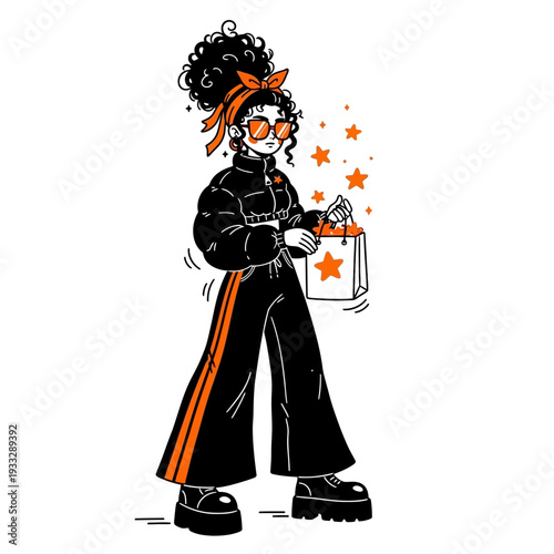Woman Holding Gift Box with Orange Stars.