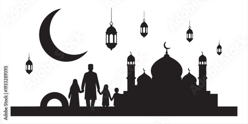 A beautiful illustration depicts a diverse community walking towards an illuminated archway under a warm sunset sky, symbolizing the spiritual journey and unity of Ramadan.