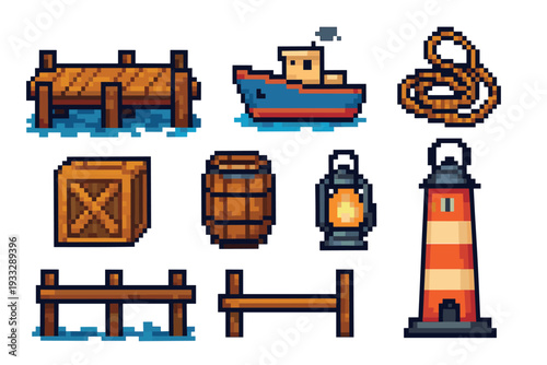 Set of pixel art nautical icons featuring a wooden pier, boat, lighthouse, crate, barrel, rope, and lantern, designed in a retro 8-bit video game style for creative projects