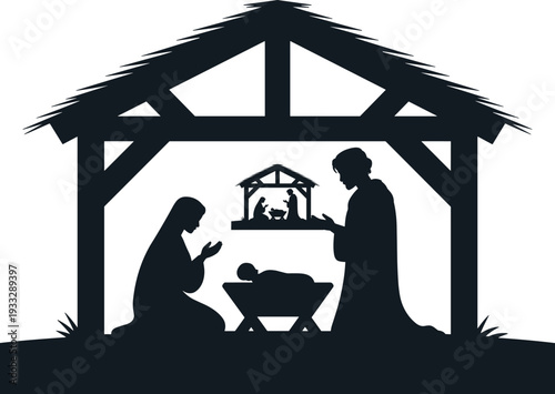 Nativity silhouette illustration with Mary Joseph and baby Jesus in manger under stable symbolizing Christmas faith and devotion