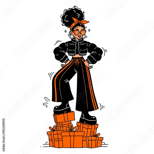 Woman in Black Outfit Standing on Crates.