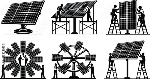 Workers Installing Solar Panels, Renewable Energy Icons, Engineering Maintenance, Professional Electricians, Sustainable Power Infrastructure, Photovoltaic System Vector Illustrations