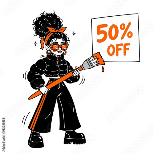 Cartoon woman holding paint roller and sign.