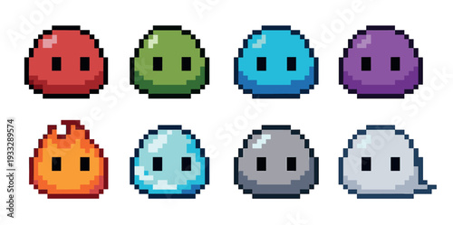 Set of colorful pixel art slime monster characters for a retro video game, featuring different elemental types like fire, ice, and stone in an 8-bit sprite style