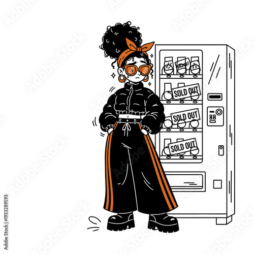 Cartoon Woman Standing Near Vending Machine.