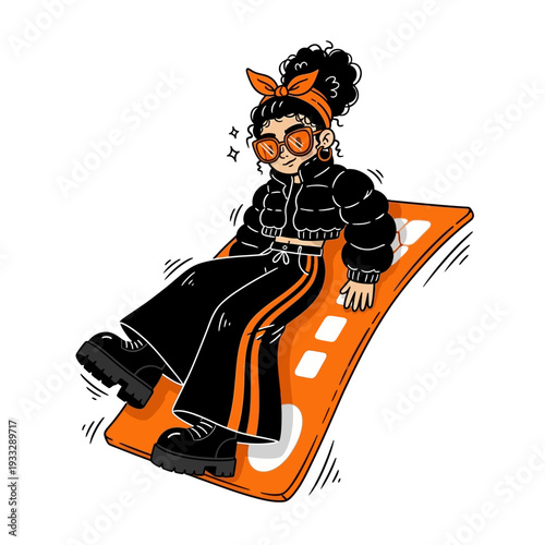 Woman Sledding Down Orange Sled.