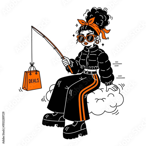 Woman Sitting on Cloud with Sword and Bag.