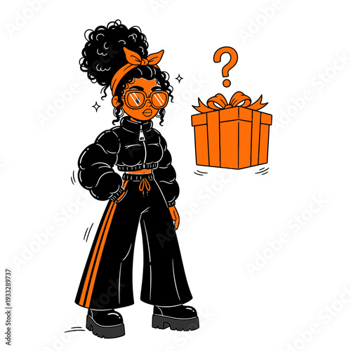 Cartoon Character with Gift Box and Question Mark.