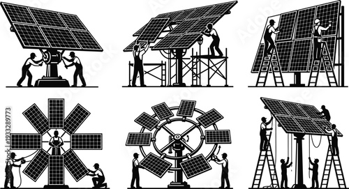 Black silhouettes of technicians installing and maintaining solar panels for renewable energy power generation and sustainable electricity systems,