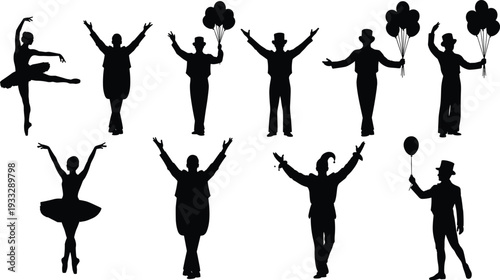 Circus performer silhouette set vector illustration, dancers clowns with balloons isolated on white background, entertainment show collection design