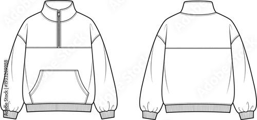 Technical fashion sketch of a womens oversized half zip sweatshirt front and back view with drop shoulder sleeves,