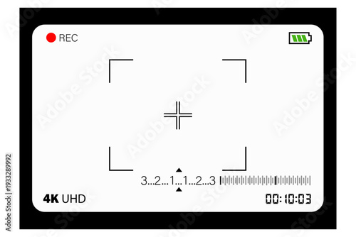 Modern digital camera viewfinder interface with REC indicator, focus frame, battery icon, timer, and 4K UHD display text.