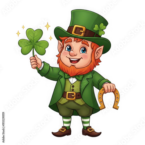 A cartoon leprechaun holding a four leaf clover isolated on transparent background, PNG