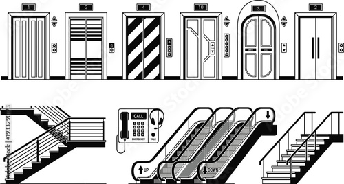 Set of black and white elevator doors escalators and stairs icons for architectural building navigation and interior design,