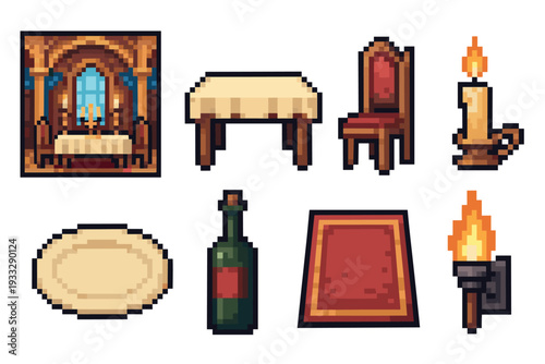 Pixel art icon set of medieval furniture and dining items including a table, chair, candle, plate, wine bottle, rug, torch, and a complete dining hall scene for a video game