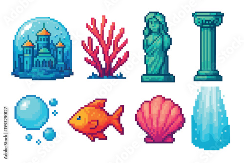 Collection of underwater themed pixel art icons featuring a sunken castle, coral, ancient statue, column, fish, seashell, and bubbles for a retro video game asset pack