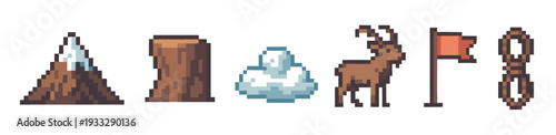 Collection of six pixel art icons showing a mountain, tree stump, snow, deer, flag, and rope, designed in a classic 8-bit retro video game style for digital assets