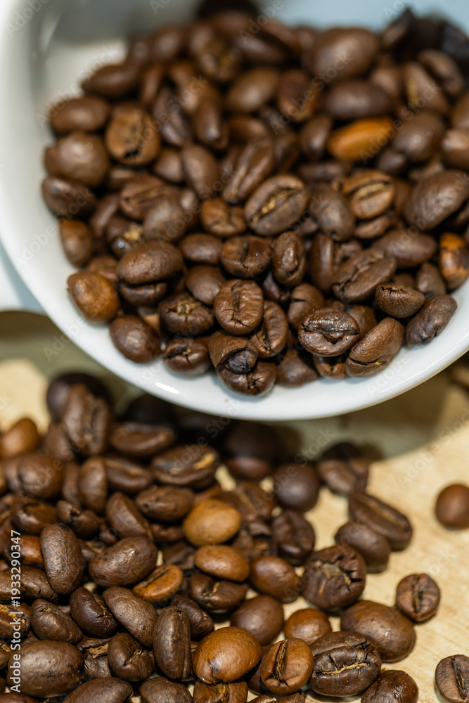 Fototapeta premium Coffee shop details with coffee beans, espresso, cappuccino and French press for brewing. Barista workspace.
