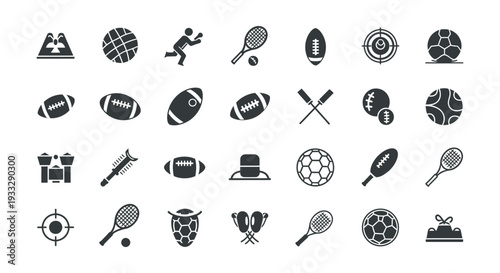 Diverse sports and recreation equipment vector illustration set, featuring game balls and athletic activity icons.