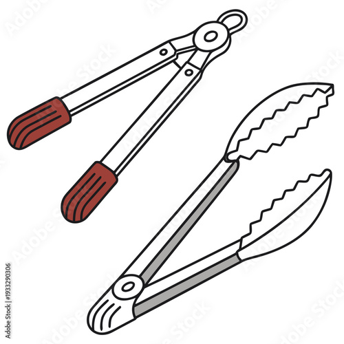 Professional cooking tongs collection for kitchen use featuring different designs of metal and silicone tipped utensils for food prep and serving