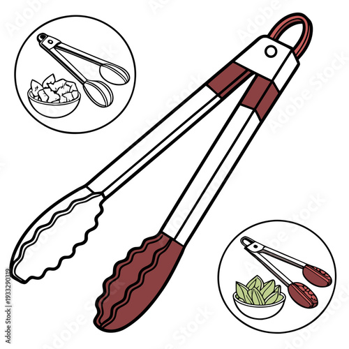 Kitchen tongs for serving food and cooking equipment in professional restaurant and home kitchen featuring stainless steel body with silicone grips