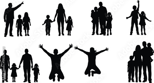 Family silhouette collection vector illustration, parents and children together isolated on white background, happy parenting and love concept