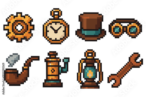 Collection of steampunk pixel art items including a cogwheel, pocket watch, top hat, goggles, pipe, lantern, and wrench, designed as retro 8-bit video game assets