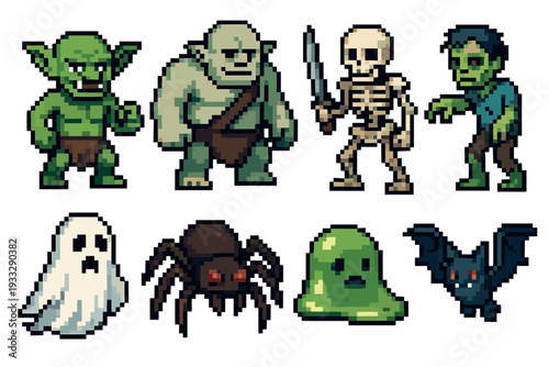 Pixel art fantasy monster and creature sprites with a goblin, orc, skeleton, zombie, ghost, spider, slime, and bat in a classic 8-bit retro video game style