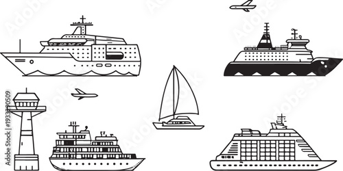 boat icon design set, Ship and Boat Icons. Contains such icons as Contains such icons as yacht, cruise, cargo shipping, ferry, schooner, water scooter Boat outline icon set. 