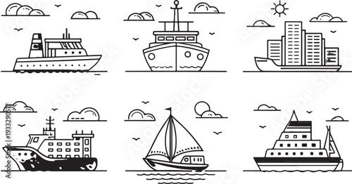 boat icon design set, Ship and Boat Icons. Contains such icons as Contains such icons as yacht, cruise, cargo shipping, ferry, schooner, water scooter Boat outline icon set. 