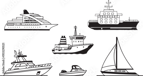 boat icon design set, Ship and Boat Icons. Contains such icons as Contains such icons as yacht, cruise, cargo shipping, ferry, schooner, water scooter Boat outline icon set. 