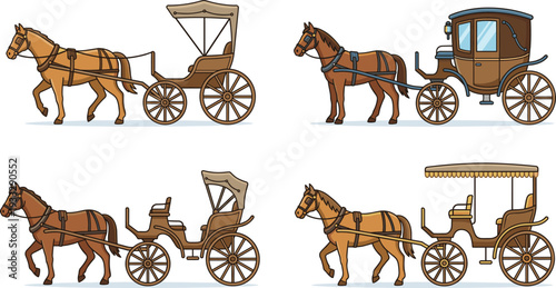 Set of vintage horse drawn carriage vectors including royal buggy wagon and stagecoach for historical transportation and travel design,