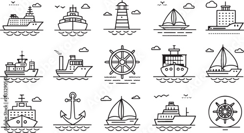 boat icon design set, Ship and Boat Icons. Contains such icons as Contains such icons as yacht, cruise, cargo shipping, ferry, schooner, water scooter Boat outline icon set. 