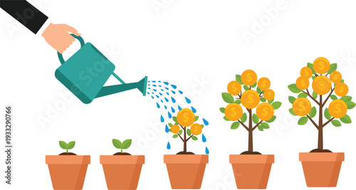 Financial growth concept money tree growing in pots watered by hand investment profit wealth isolated vector illustration business success
