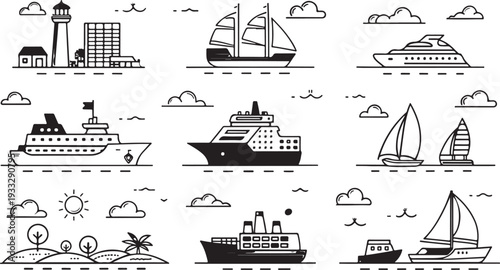 boat icon design set, Ship and Boat Icons. Contains such icons as Contains such icons as yacht, cruise, cargo shipping, ferry, schooner, water scooter Boat outline icon set. 