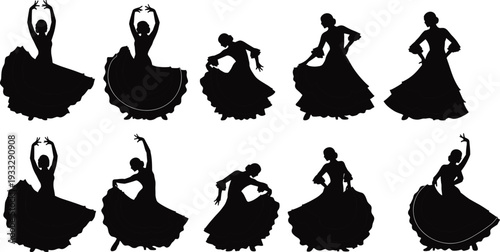 Flamenco dance silhouettes set of female dancers in traditional dress isolated vector illustration spanish culture performance movement concept