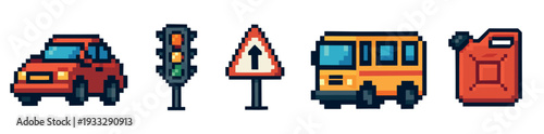 Pixel art icon set of road transport featuring a red car, yellow school bus, traffic light, road sign, and a fuel can in a retro 8-bit video game style illustration